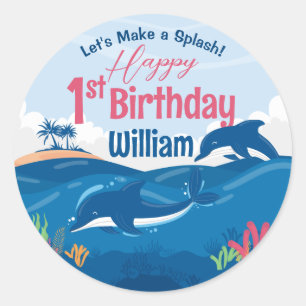 1st Birthday Fun and Colourful Dolphins Celebratio Classic Round Sticker