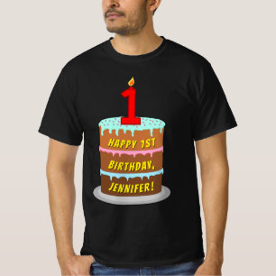 1st Birthday — Fun Cake & Candle, w/ Custom Name T-Shirt