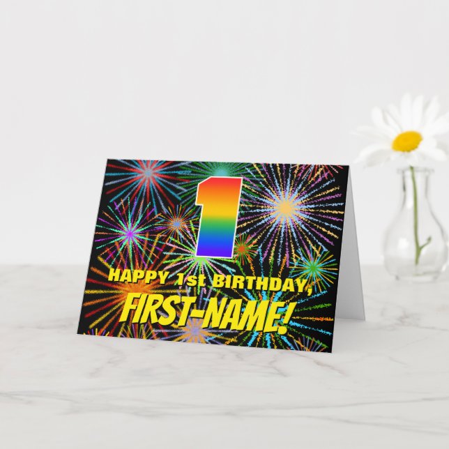 1st Birthday: Fun, Colourful Celebratory Fireworks Card (Small Plant)