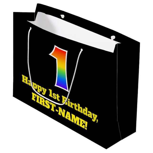1st Birthday ~ Fun, Colourful, Vibrant, Rainbow 1 Large Gift Bag (Front Angled)