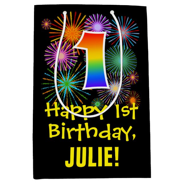1st Birthday: Fun Fireworks Pattern + Rainbow 1 Medium Gift Bag (Front)