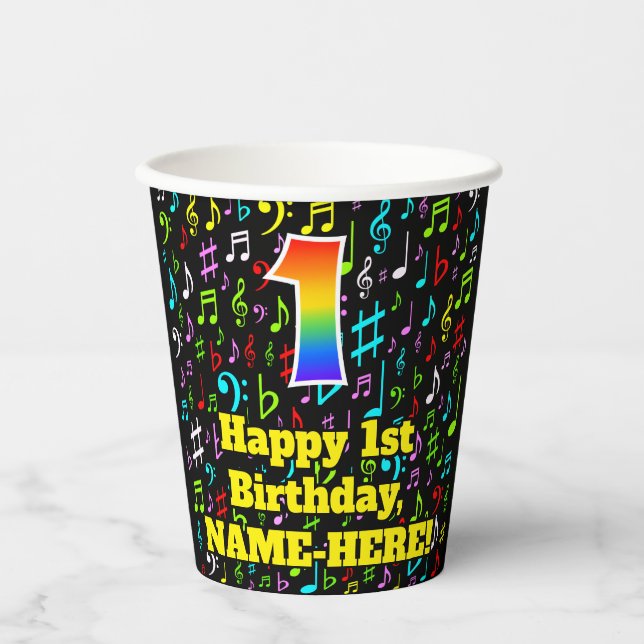 1st Birthday: Fun Music Notes Pattern, Rainbow 1 Paper Cups (Front)