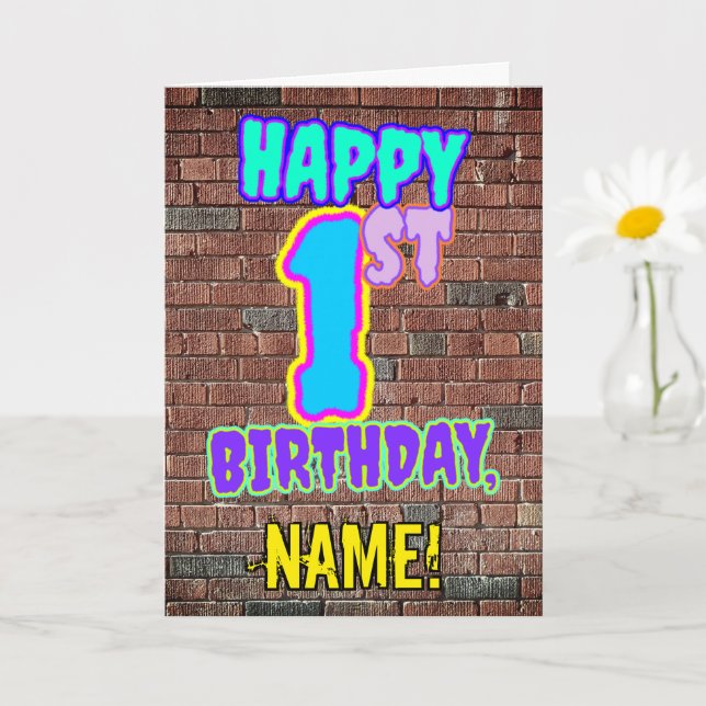 1st Birthday - Fun, Urban Graffiti Inspired Look C Card (Small Plant)