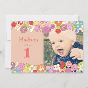 1st Birthday Garden Party Flowers Photo Invitation