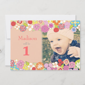 1st Birthday Garden Party Flowers Photo Invitation