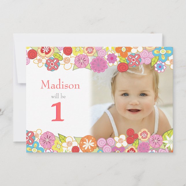 1st Birthday Garden Party Flowers Photo Invitation (Front)