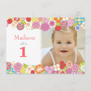 1st Birthday Garden Party Flowers Photo Invitation