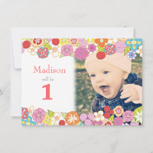 1st Birthday Garden Party Flowers Photo Invitation
