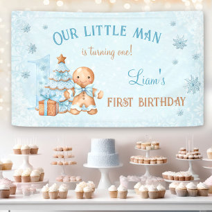 1st Birthday Gingerbread Man Boy Blue Christmas Banner