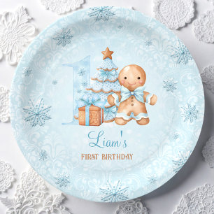 1st Birthday Gingerbread Man Boy Blue Christmas Paper Plate