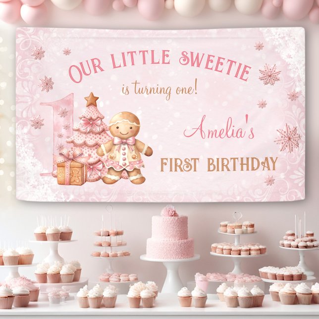 1st Birthday Gingerbread Man Girl Pink Christmas Banner (1st Birthday Gingerbread Man Girl Pink Christmas Banner)