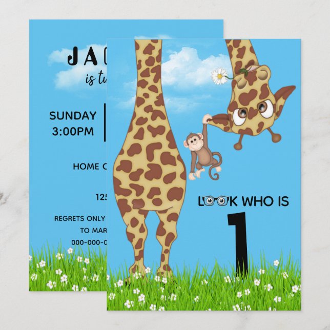 1st Birthday Giraffe in Grass   Invitation (Front/Back)
