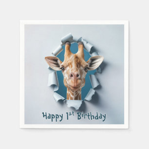 1st Birthday Giraffe Peeking Through a Paper Hole Napkin