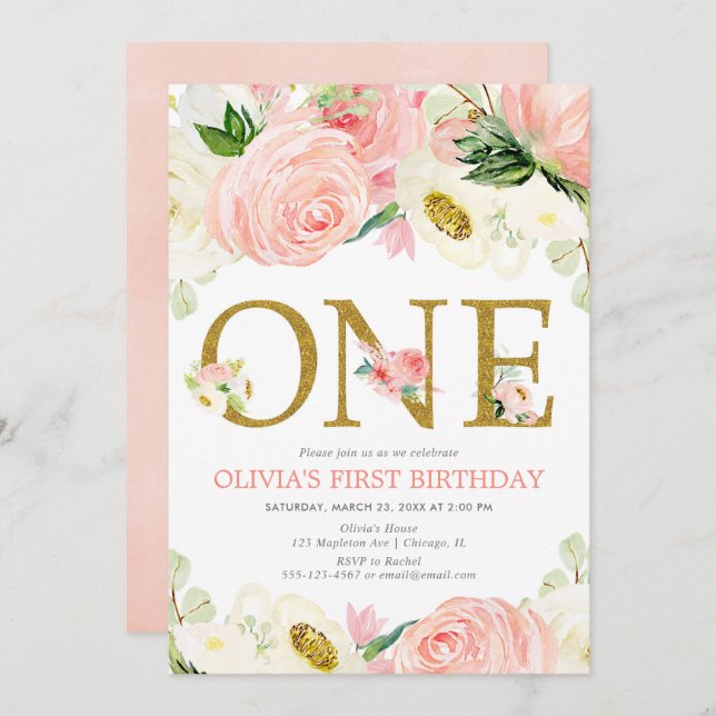 1st birthday girl, blush pink gold floral elegant invitation (Front/Back)