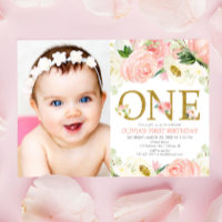 1st birthday girl, blush pink gold floral photo