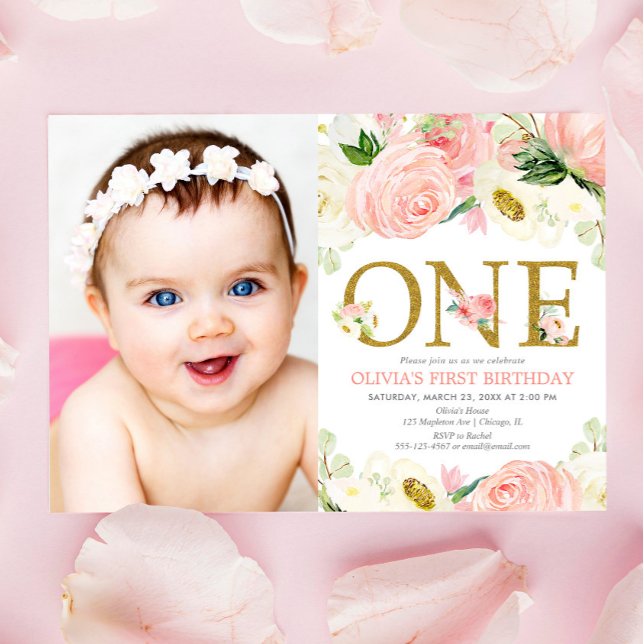 1st birthday girl, blush pink gold floral photo invitation (Creator Uploaded)