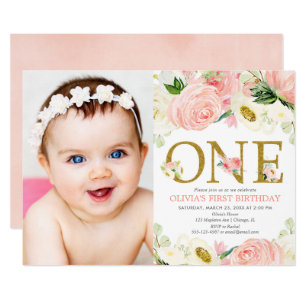 1st birthday girl, blush pink gold floral photo invitation