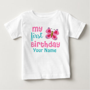 1st Birthday Girl Butterfly Pink Personalized Baby T-Shirt