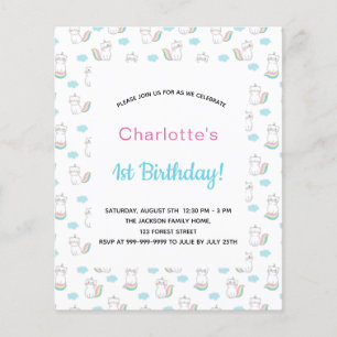 1st Birthday girl cat unicorn pink blue invitation