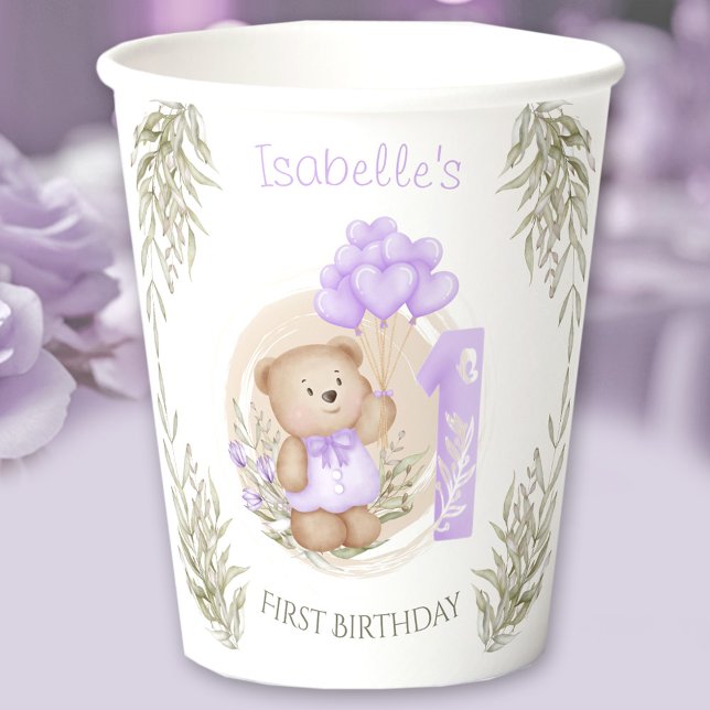 1st Birthday Girl Cute Teddy Bear Purple  Paper Cups (First Birthday Cute Teddy Bear Heart Balloons Paper Cups)