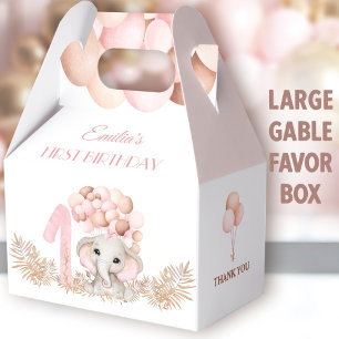 1st Birthday Girl Elephant Pink Balloons Large Favour Box