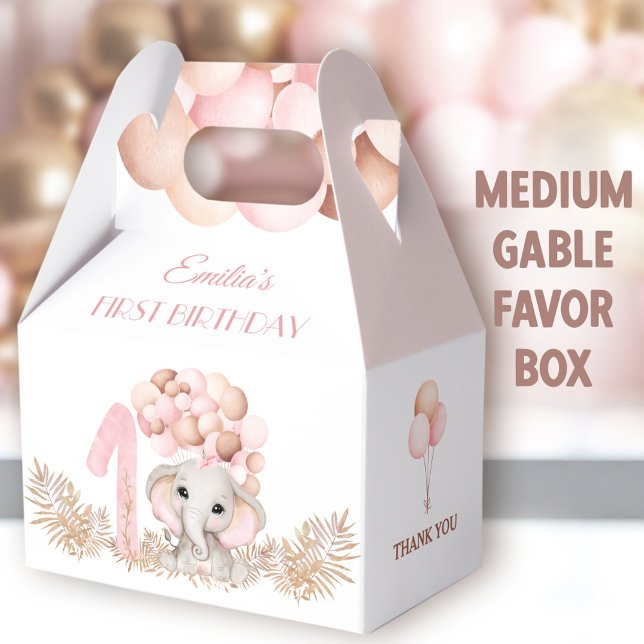 1st Birthday Girl Elephant Pink Balloons Medium Favour Box (Pink Elephant Medium Gable Favor Boxes - You can choose from 3 sizes of these gable favor boxes)