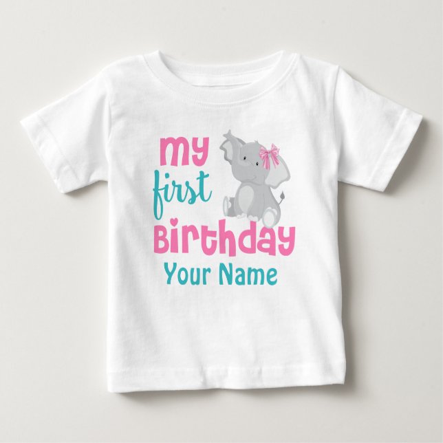 1st Birthday Girl Elephant Pink Personalised Baby T-Shirt (Front)