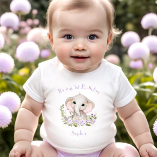 1st Birthday Girl Elephant Purple Custom Name Baby T-Shirt