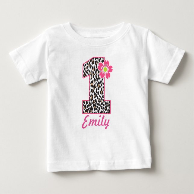 1st Birthday Girl Hot Pink & leopard print Baby T-Shirt (Front)