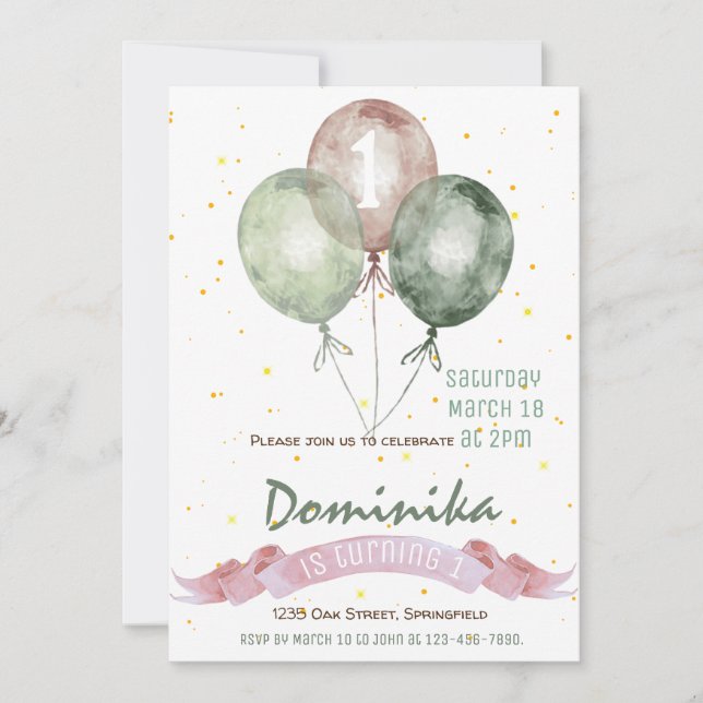 1st birthday girl invite,girl birthday party,green invitation (Front)
