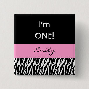 1st Birthday Girl Modern Zebra V02 15 Cm Square Badge