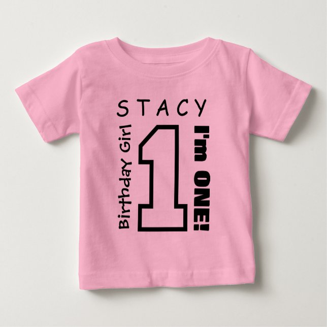 1st Birthday Girl One Year Custom Name Pink V01H Baby T-Shirt (Front)