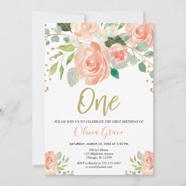 1st birthday girl peach coral floral girl invitation (Front)