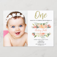 1st birthday girl peach gold glitter floral photo