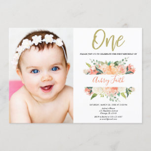 1st birthday girl peach gold glitter floral photo invitation