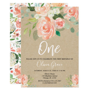 1st birthday girl peach rustic kraft floral invitation