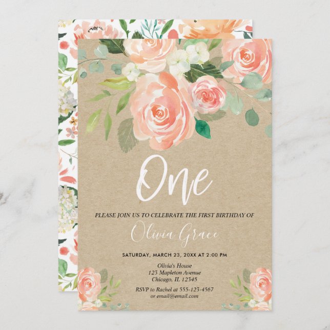 1st birthday girl peach rustic kraft floral invitation (Front/Back)