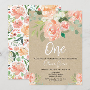 1st birthday girl peach rustic kraft floral invitation