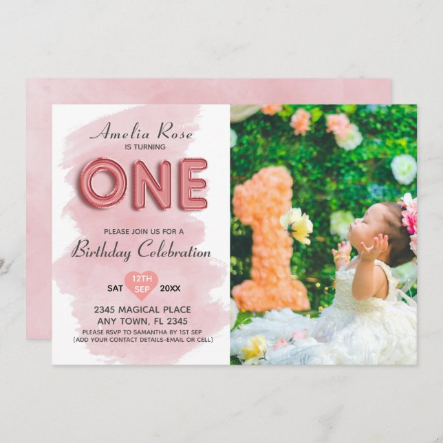 1st Birthday Girl Photo Pink Balloon Typography Invitation (Front/Back)