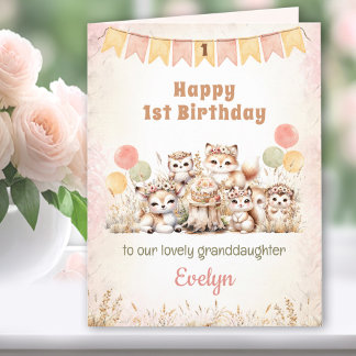 1st Birthday Girl Pink Boho Woodland Animals Card