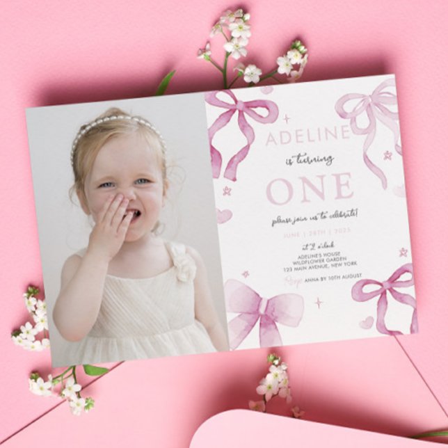 1st Birthday Girl Pink Bow Fancy One Cute Photo  Invitation (1st Birthday Girl Pink Bow Fancy One Cute Photo Invitation Template Digital Instant Download Cute)