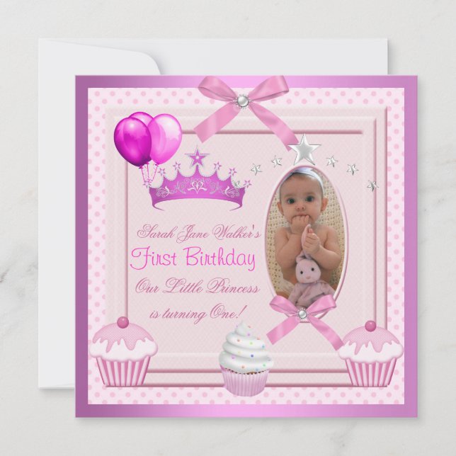 1st Birthday Girl Pink Cupcakes White Pearl Baby Invitation (Front)