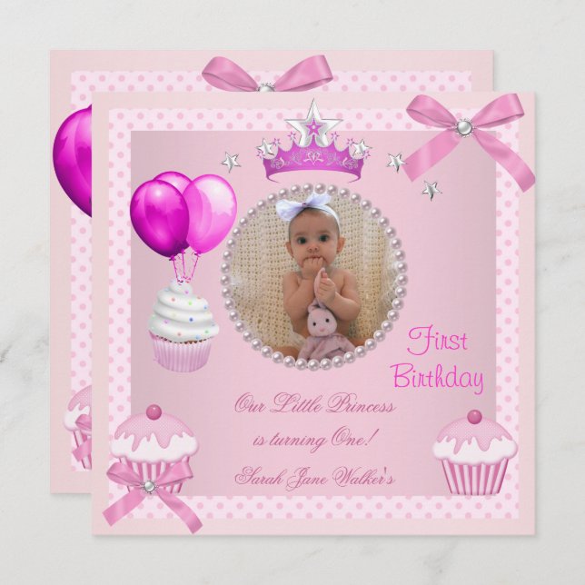 1st Birthday Girl Pink Cupcakes White Pearl Baby Invitation (Front/Back)