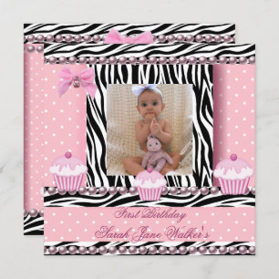 1st Birthday Girl Pink Cupcakes Zebra Baby Invitation