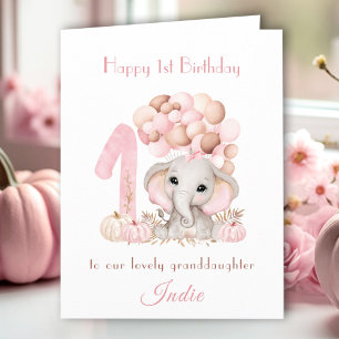 1st Birthday Girl Pink Elephant Fall Pumpkin Card