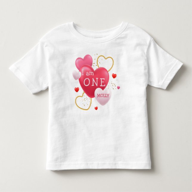 1st Birthday GIRL Pink Hearts 1 Year Old Baby Toddler T-Shirt (Front)