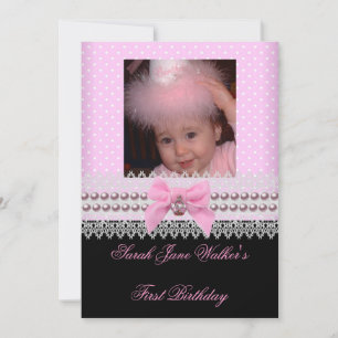 1st Birthday Girl Pink White Pearl Photo First 2 Invitation