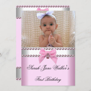 1st Birthday Girl Pink White Pearl Photo First Invitation
