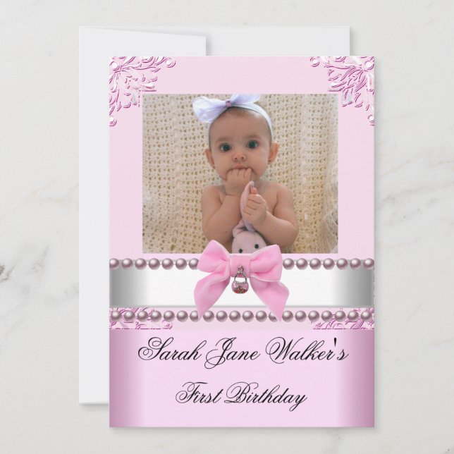 1st Birthday Girl Pink White Pearl Photo First Invitation (Front)