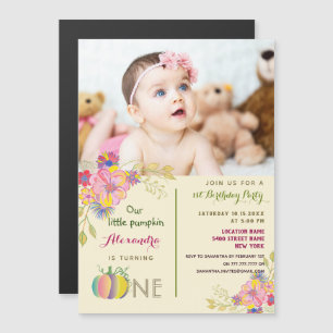 1st Birthday Girl Pumpkin Pink Floral Photo Magnetic Invitation